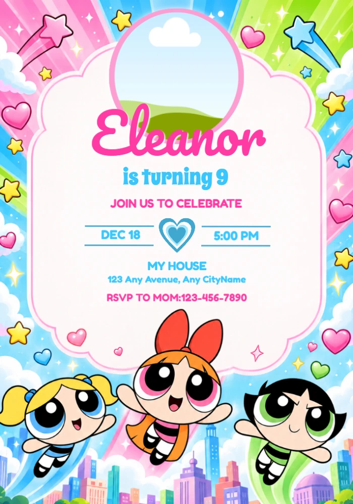 Editable Powerpuff Girls Birthday Invitation with Photo Editable Powerpuff Girls Birthday Invitation with Photo