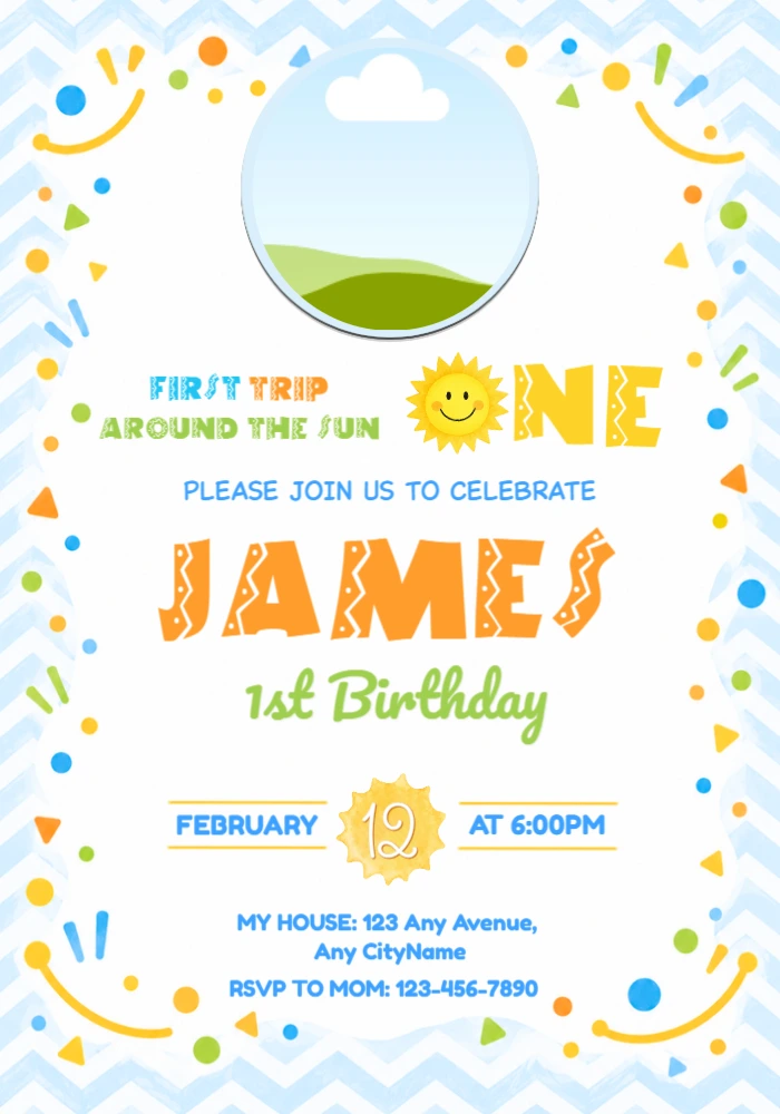 First Trip Around the Sun 1st Birthday Invitation Template First Trip Around the Sun 1st Birthday Invitation Template