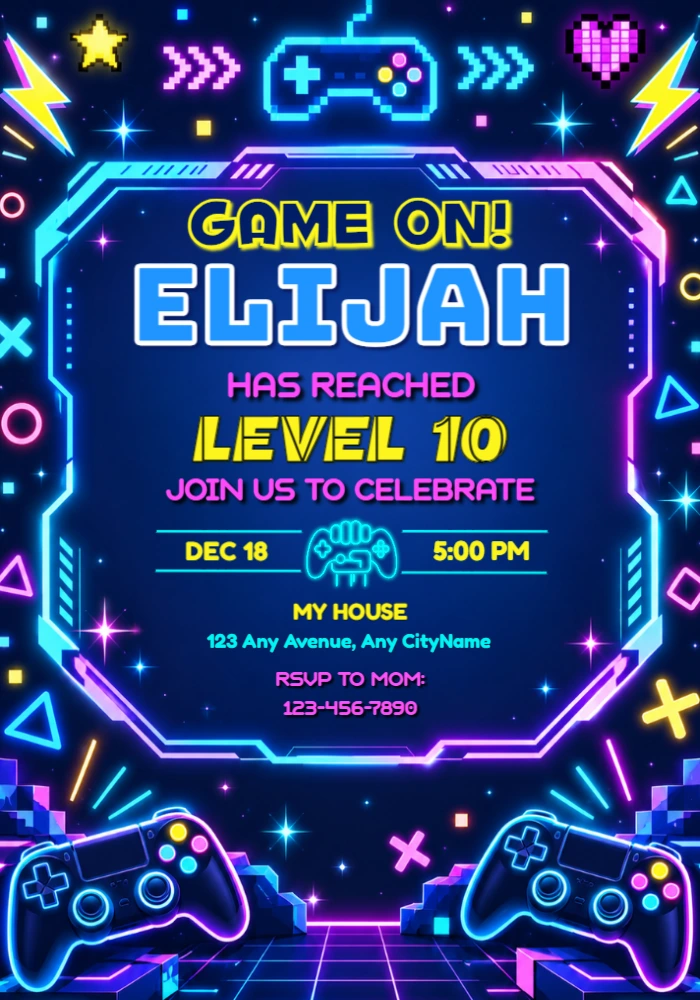 Editable Gamer Birthday Invitation | Neon Game On Template Editable Gamer Birthday Invitation | Neon Game On Template