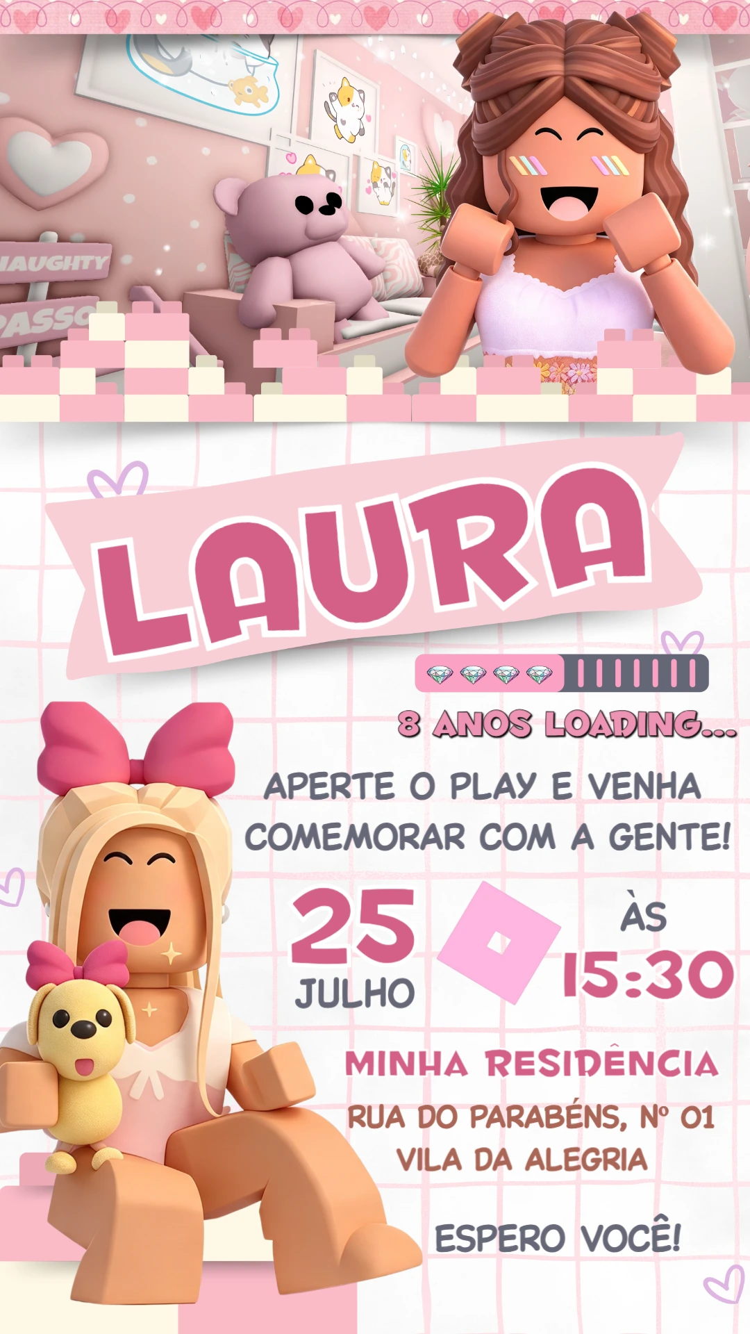 Convite de Aniversário Roblox Menina em Quarto Rosa para Editar Convite de Aniversário Roblox Menina em Quarto Rosa para Editar
