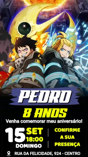 Convite de Aniversário Fire Force Editável para Menino