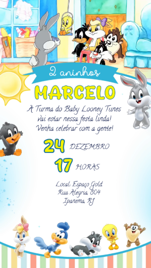 Convite Animado Aniversário Baby Looney Tunes para Editar