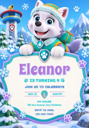 Everest Paw Patrol Snowy Birthday Invitation | Editable Template