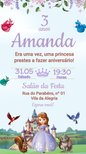 Convite Digital Princesa Sofia: Modelo Editável de Aniversário