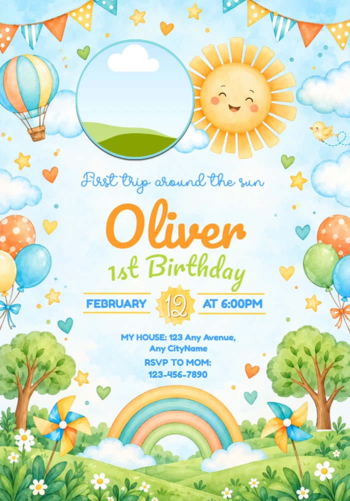 First Trip Around the Sun 1st Birthday Editable Invitation First Trip Around the Sun 1st Birthday Editable Invitation