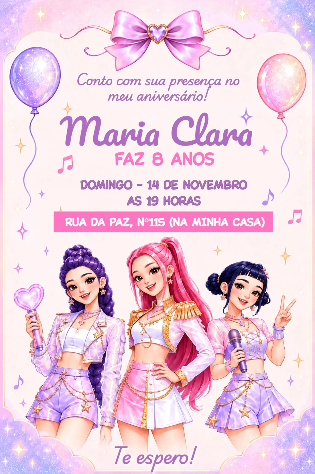 Convite de Aniversário Guerreiras do Kpop Trio Popstar para Editar Convite de Aniversário Guerreiras do Kpop Trio Popstar para Editar