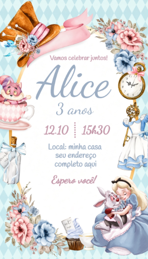 Convite de Aniversário Alice no País das Maravilhas Editável