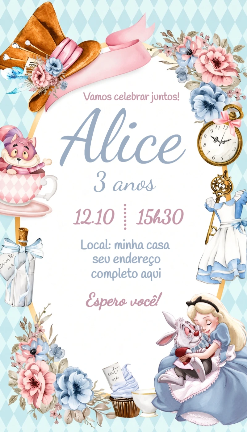Convite de Aniversário Alice no País das Maravilhas Editável Convite de Aniversário Alice no País das Maravilhas Editável