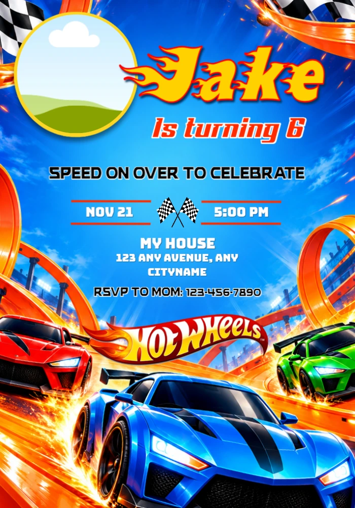 Hot Wheels Birthday Invitation with Photo Editable Template Hot Wheels Birthday Invitation with Photo Editable Template