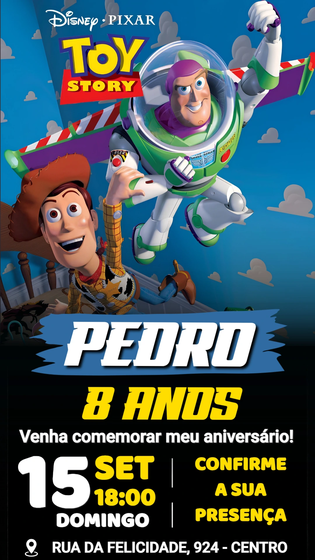 Convite de Aniversário Toy Story: Buzz e Woody para Editar Convite de Aniversário Toy Story: Buzz e Woody para Editar