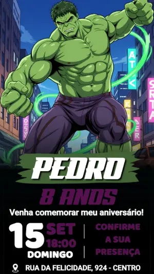 Convite de aniversário Hulk Fúria na Cidade para editar online