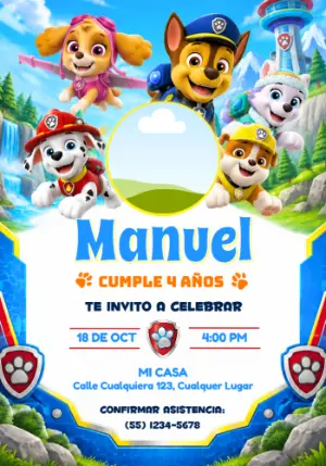 Invitación Patrulla Canina Equipo al Rescate con Foto Editable