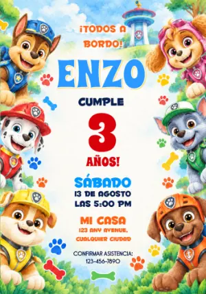 Convite de Aniversário Patrulla Canina Estilo Acuarela para Editar