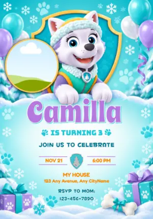Everest Paw Patrol Winter Birthday Invitation with Photo