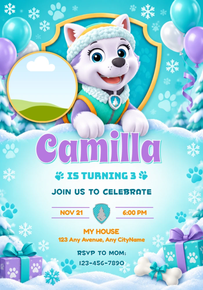 Everest Paw Patrol Winter Birthday Invitation with Photo Everest Paw Patrol Winter Birthday Invitation with Photo