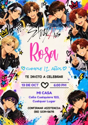 Convite de Aniversário Stray Kids Estilo Anime Urbano para Editar