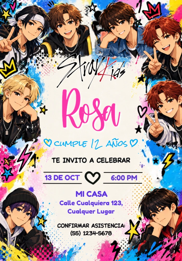 Convite de Aniversário Stray Kids Estilo Anime Urbano para Editar Convite de Aniversário Stray Kids Estilo Anime Urbano para Editar