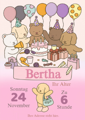 Niedliche Geburtstagseinladung mit Bären & Hunden zum Bearbeiten