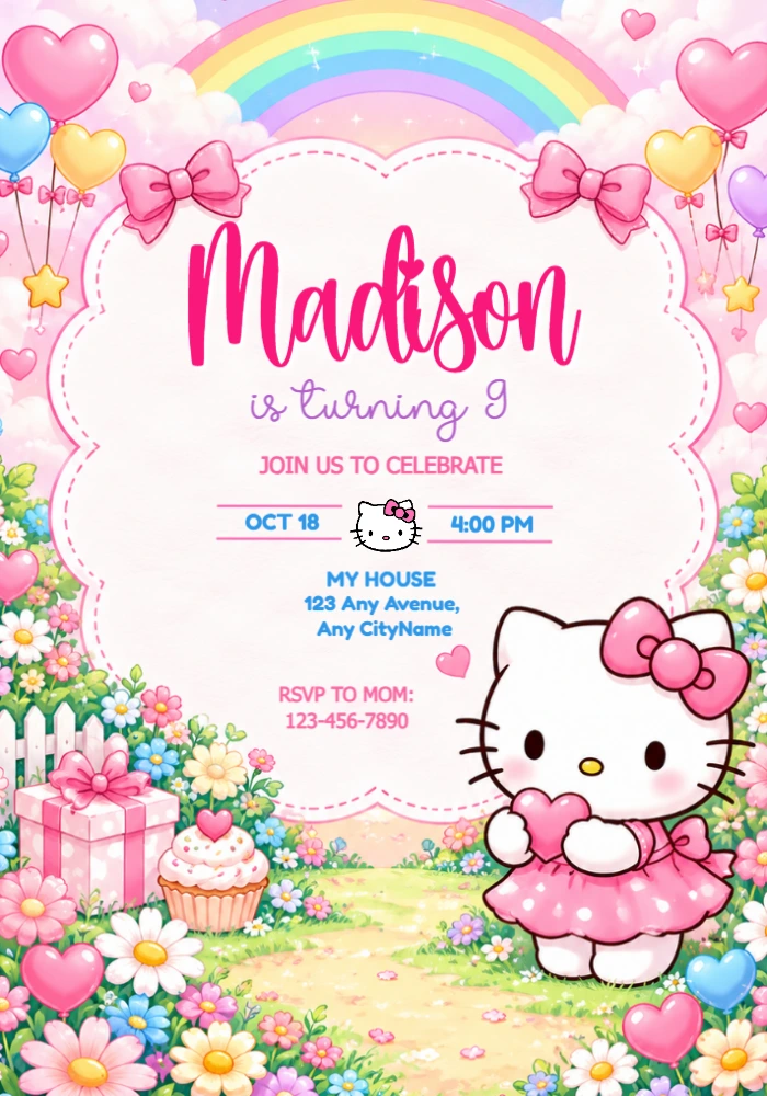 Hello Kitty Birthday Invitation in a Pastel Garden Editable Template Hello Kitty Birthday Invitation in a Pastel Garden Editable Template