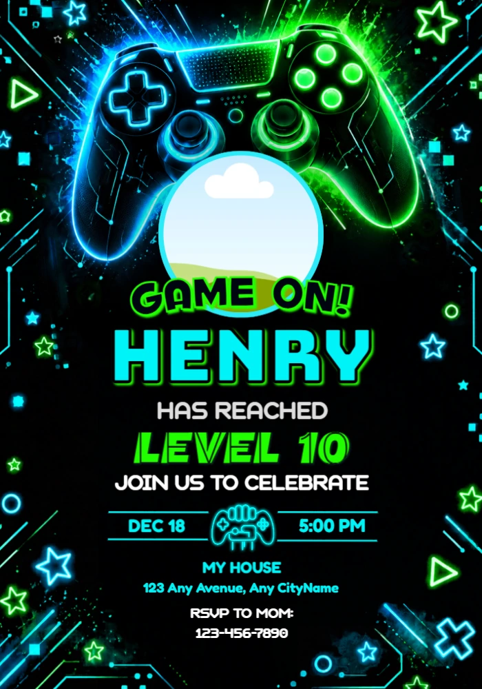 Neon Gamer Birthday Invitation | Editable Game On Template Neon Gamer Birthday Invitation | Editable Game On Template