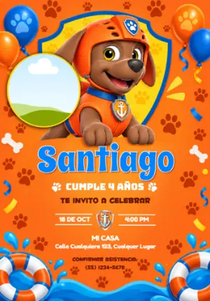 Invitación de Cumpleaños de Zuma de Paw Patrol con Foto Editable