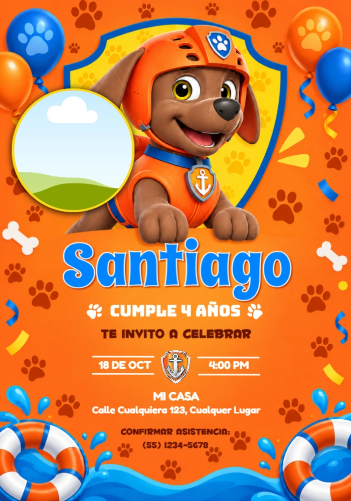 Invitación de Cumpleaños de Zuma de Paw Patrol con Foto Editable Invitación de Cumpleaños de Zuma de Paw Patrol con Foto Editable
