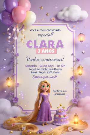 Convite de Aniversário Rapunzel Enrolados Lilás para Editar