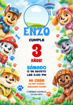 Convite de Aniversário Patrulha Canina aquarela com foto editable