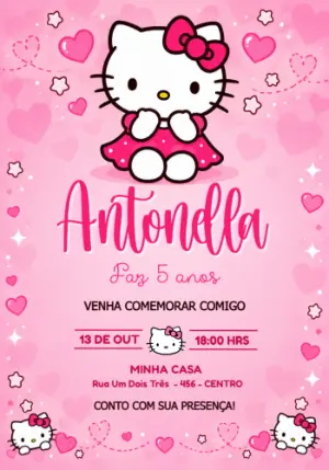 Convite de Aniversário Hello Kitty Editável e Digital