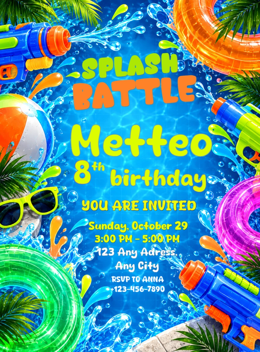 Splash Battle Pool Party Birthday Invitation | Editable Template Splash Battle Pool Party Birthday Invitation | Editable Template
