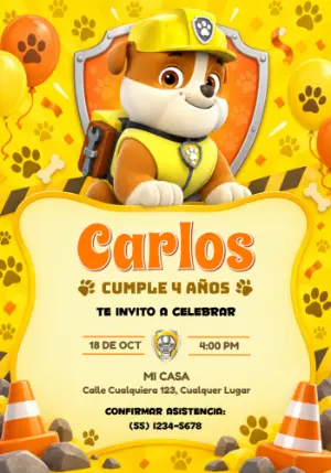 Invitación de Cumpleaños Editable de Rubble Patrulla Canina