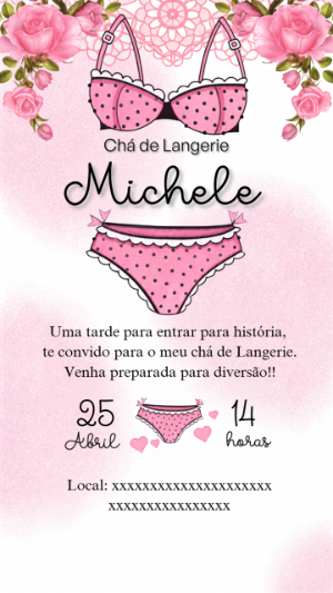Convite Chá de Lingerie Rosa Floral Editável Online