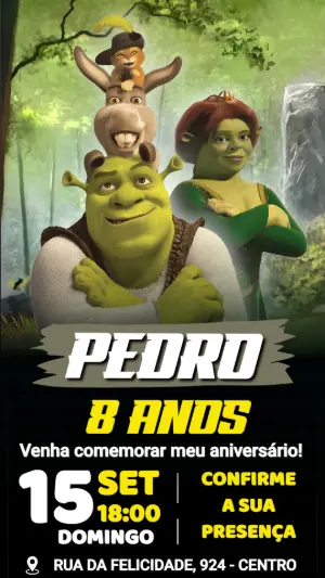 Convite de Aniversário Shrek com a Turma Reunida Editável
