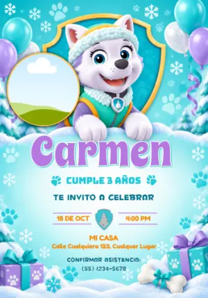 Invitación de Cumpleaños Everest Patrulla Canina con Foto Editable