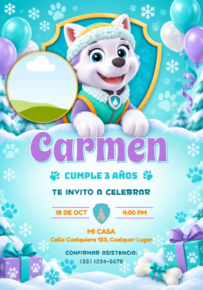 Invitación de Cumpleaños Everest Patrulla Canina con Foto Editable Invitación de Cumpleaños Everest Patrulla Canina con Foto Editable