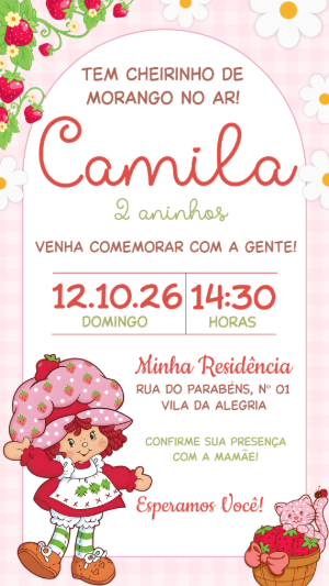 Convite de Aniversário Moranguinho Editável para Meninas