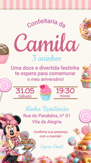 Convite de Aniversário Minnie Confeitaria Editável