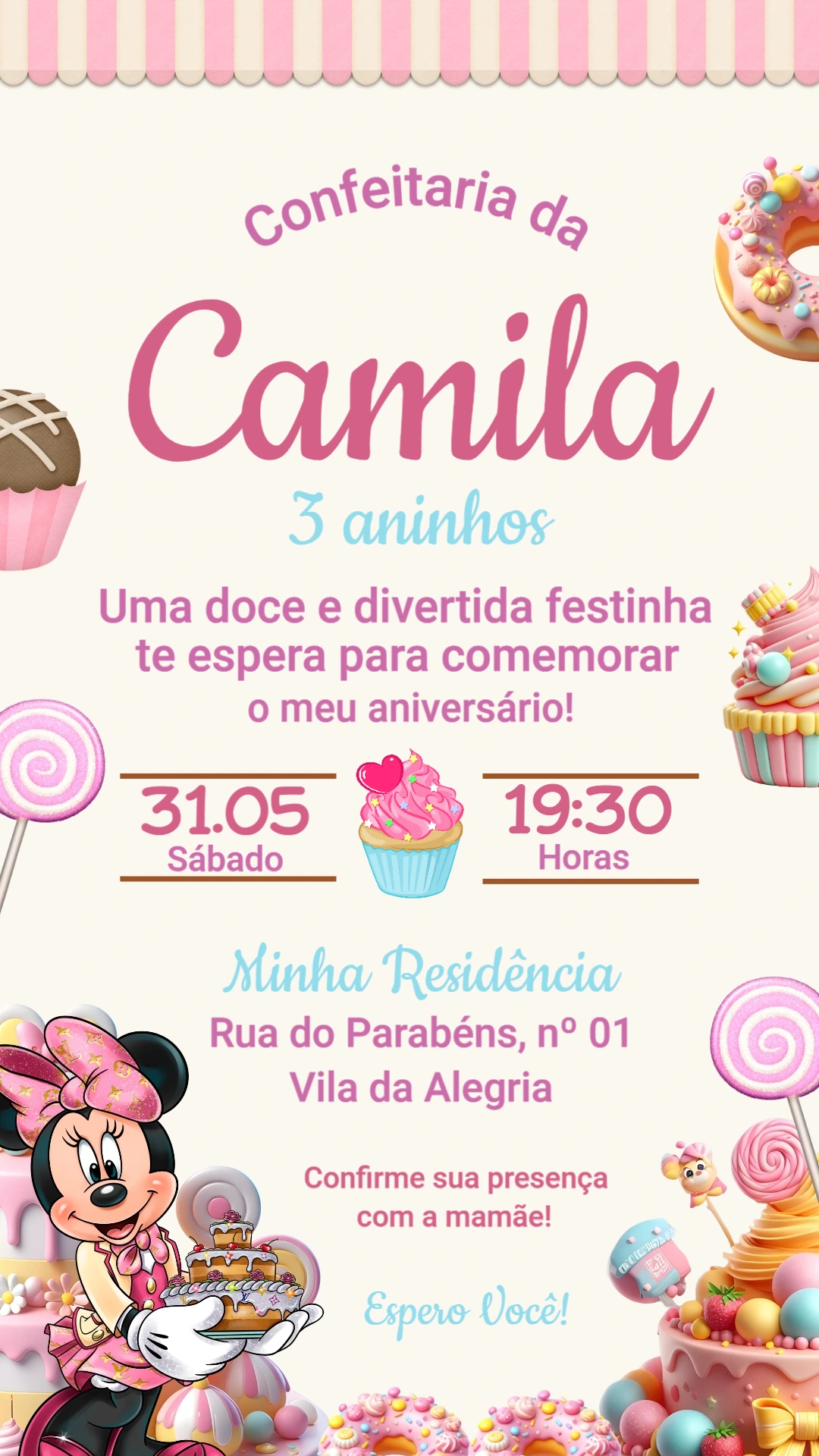 Convite de Aniversário Minnie Confeitaria Editável Convite de Aniversário Minnie Confeitaria Editável