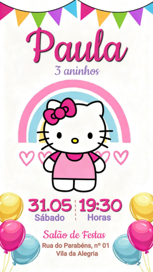Convite de Aniversário Infantil Hello Kitty Modelo Editável