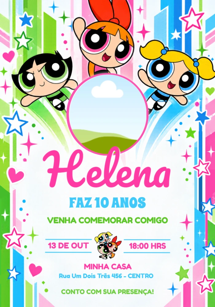 Convite Aniversário Meninas Super Poderosas com foto para editar Convite Aniversário Meninas Super Poderosas com foto para editar