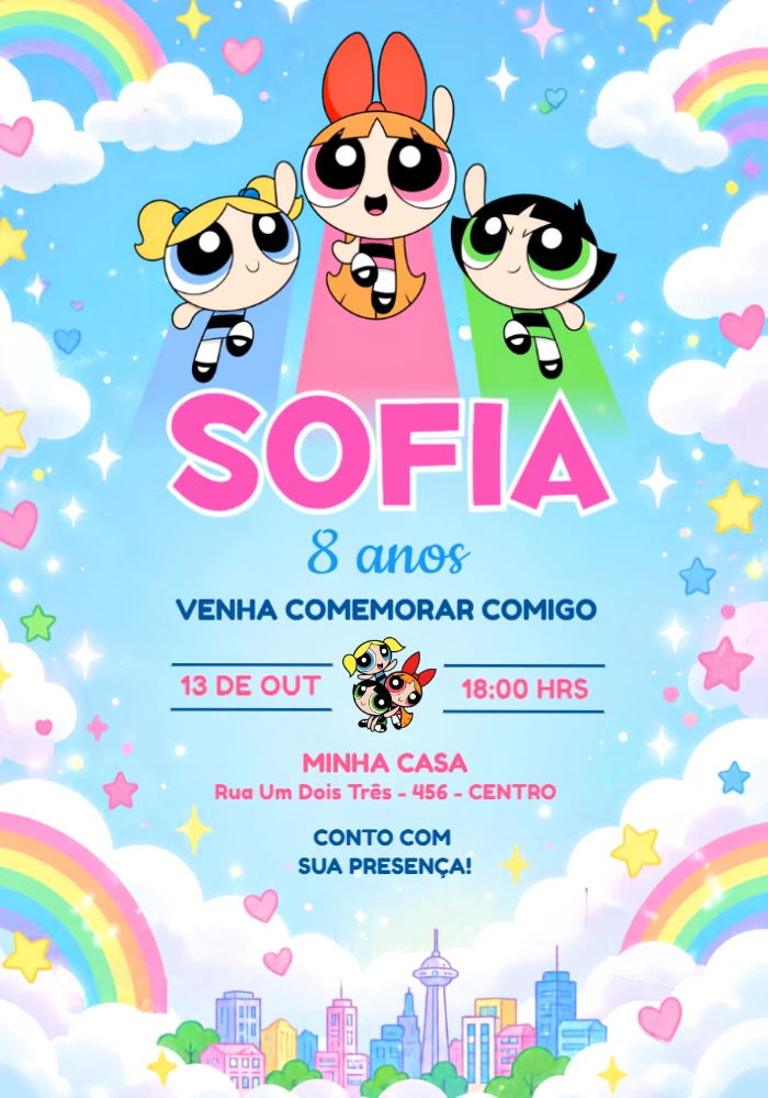 Convite Aniversário Meninas Super Poderosas Voando Editável Convite Aniversário Meninas Super Poderosas Voando Editável