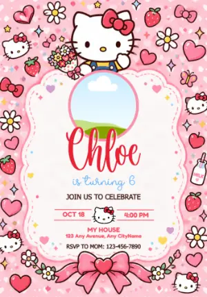 Hello Kitty Birthday Invitation Holding a Bouquet Editable Template