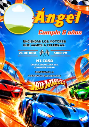 Invitación de Cumpleaños Hot Wheels Carrera Ardiente para Editar