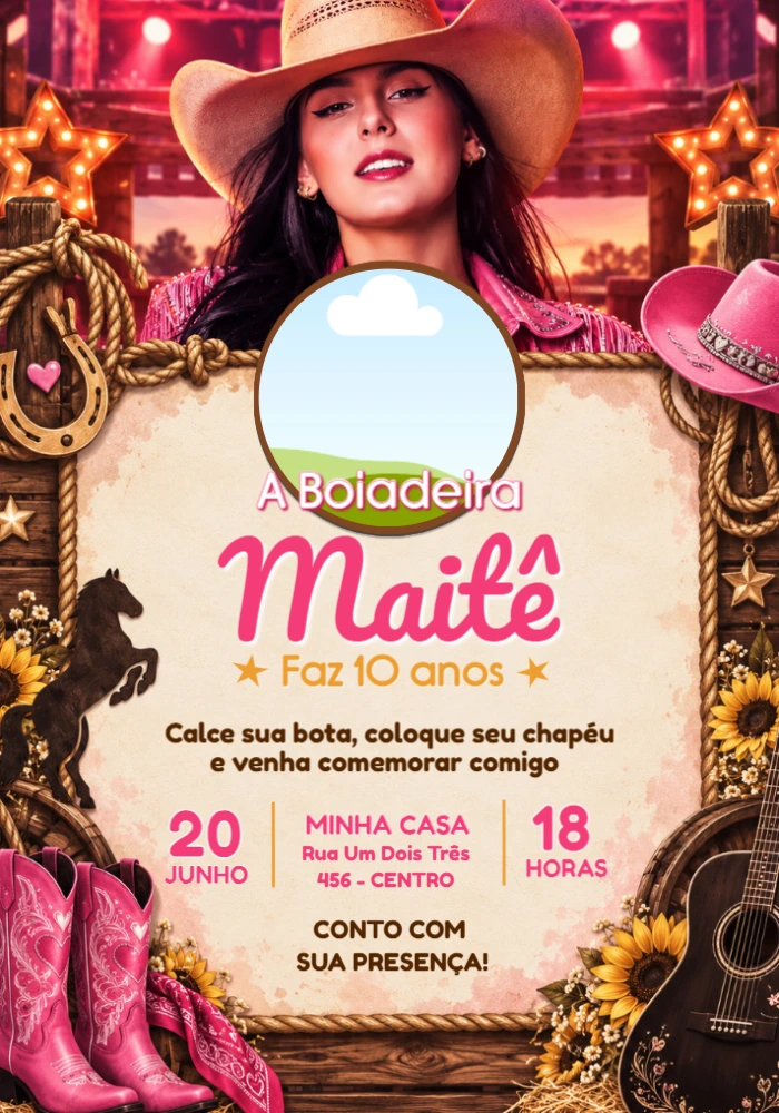 Convite de Aniversário Ana Castela Boiadeira com Foto Editável Convite de Aniversário Ana Castela Boiadeira com Foto Editável