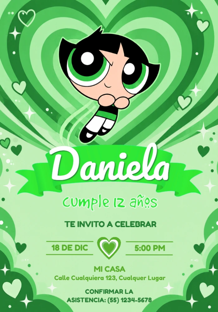Invitación de Cumpleaños Bellota Corazones Verdes para Editar Invitación de Cumpleaños Bellota Corazones Verdes para Editar
