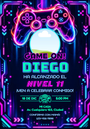 Invitación de Cumpleaños Gamer Neón para Editar
