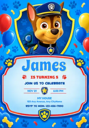 PAW Patrol Birthday Invitation with Chase Ready for Action Editable