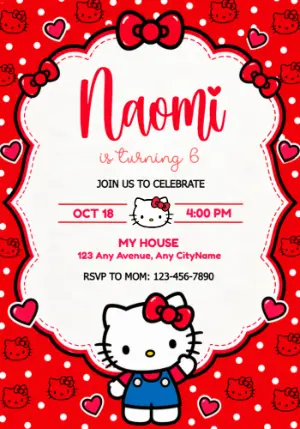 Editable Hello Kitty Birthday Invitation with Classic Red Bows