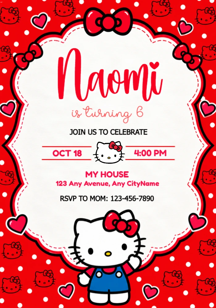 Editable Hello Kitty Birthday Invitation with Classic Red Bows Editable Hello Kitty Birthday Invitation with Classic Red Bows