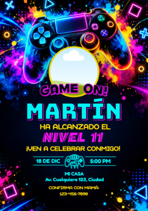 Invitación de Cumpleaños Gamer Neón para Editar